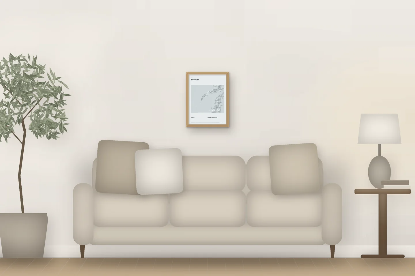 Lofoten (12 × 16 in · Natural oak · Mist & Pewter) above a living-room sofa — illustrative digital preview, not a photo