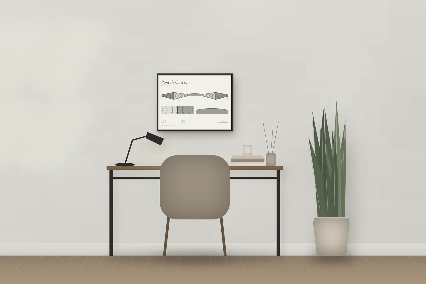 Pont de Québec (24 × 18 in · Black metal · Ivory & Graphite) above a desk in a home office — illustrative digital preview, not a photo