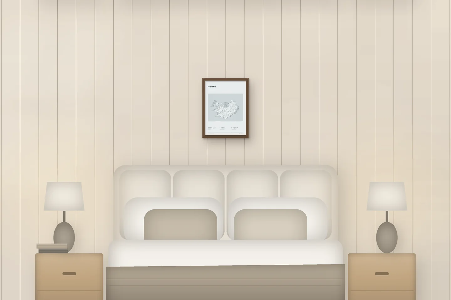Iceland (12 × 16 in · Walnut oak · Mist & Pewter) above a bed in a chalet bedroom — illustrative digital preview, not a photo