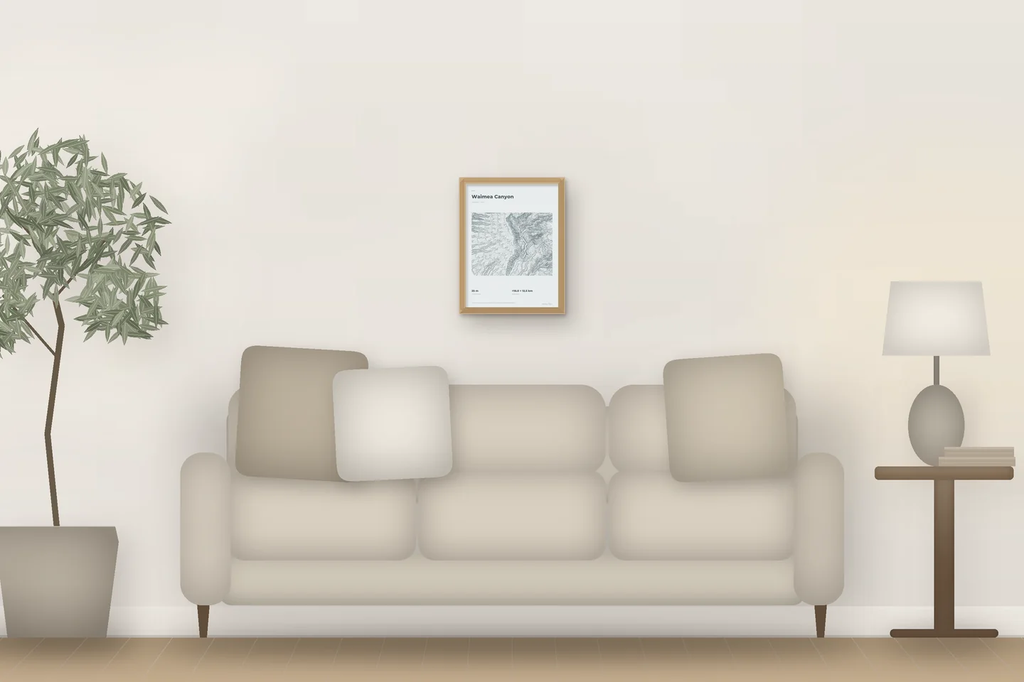 Waimea Canyon (12 × 16 in · Natural oak · Mist & Pewter) above a living-room sofa — illustrative digital preview, not a photo