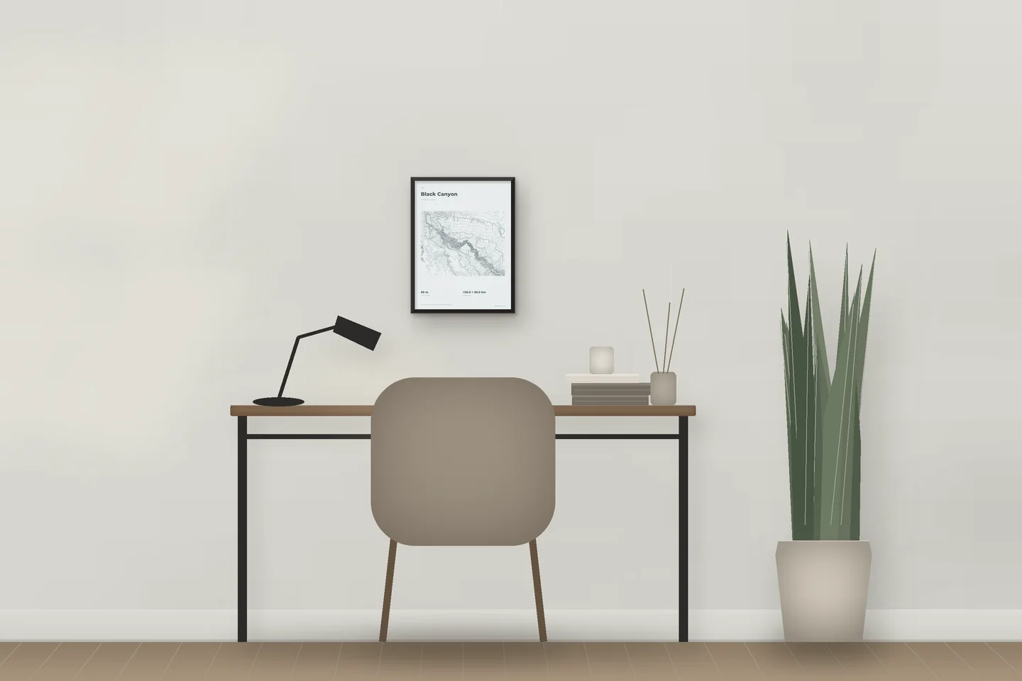 Black Canyon (12 × 16 in · Black metal · Mist & Pewter) above a desk in a home office — illustrative digital preview, not a photo