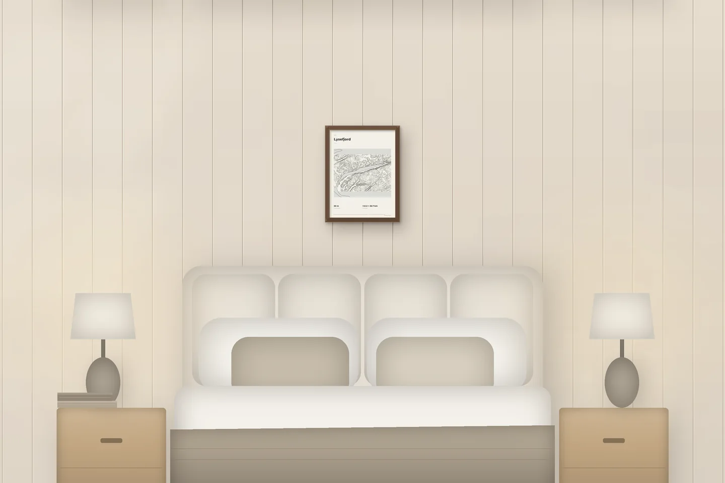 Lysefjord (12 × 16 in · Walnut oak · Ivory & Graphite) above a bed in a chalet bedroom — illustrative digital preview, not a photo