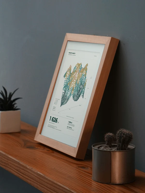The Mount Marcy artwork digitally placed in a frame on a shelf beside plants. Framing and proportions are illustrative.