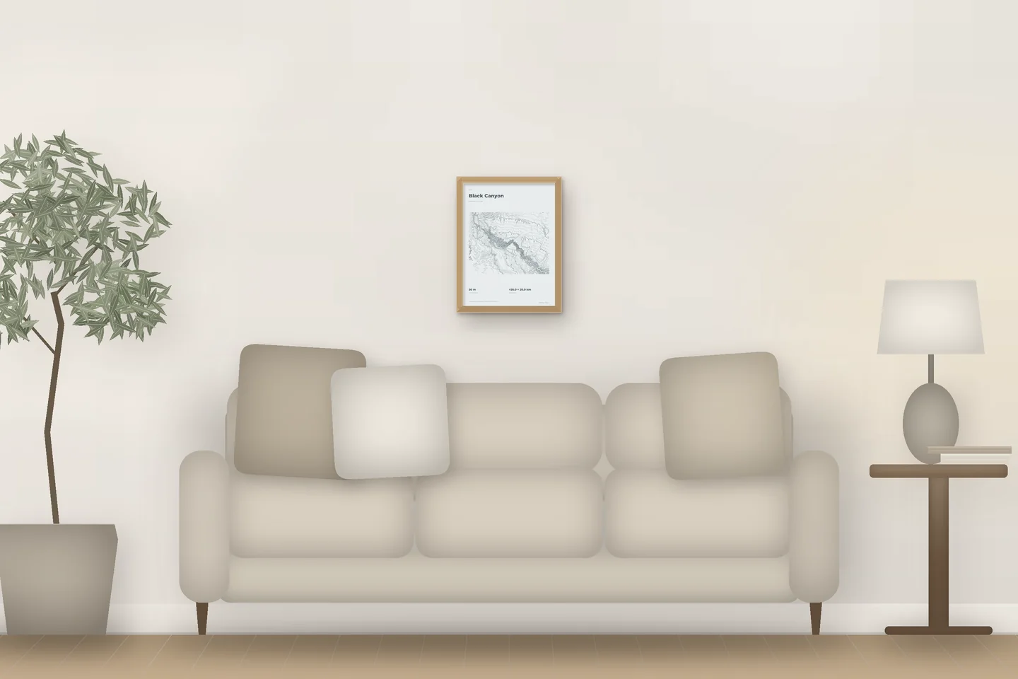 Black Canyon (12 × 16 in · Natural oak · Mist & Pewter) above a living-room sofa — illustrative digital preview, not a photo