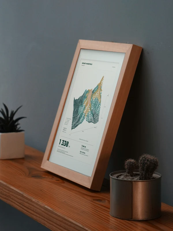 The Mount Mansfield artwork digitally placed in a frame on a shelf beside plants. Framing and proportions are illustrative.