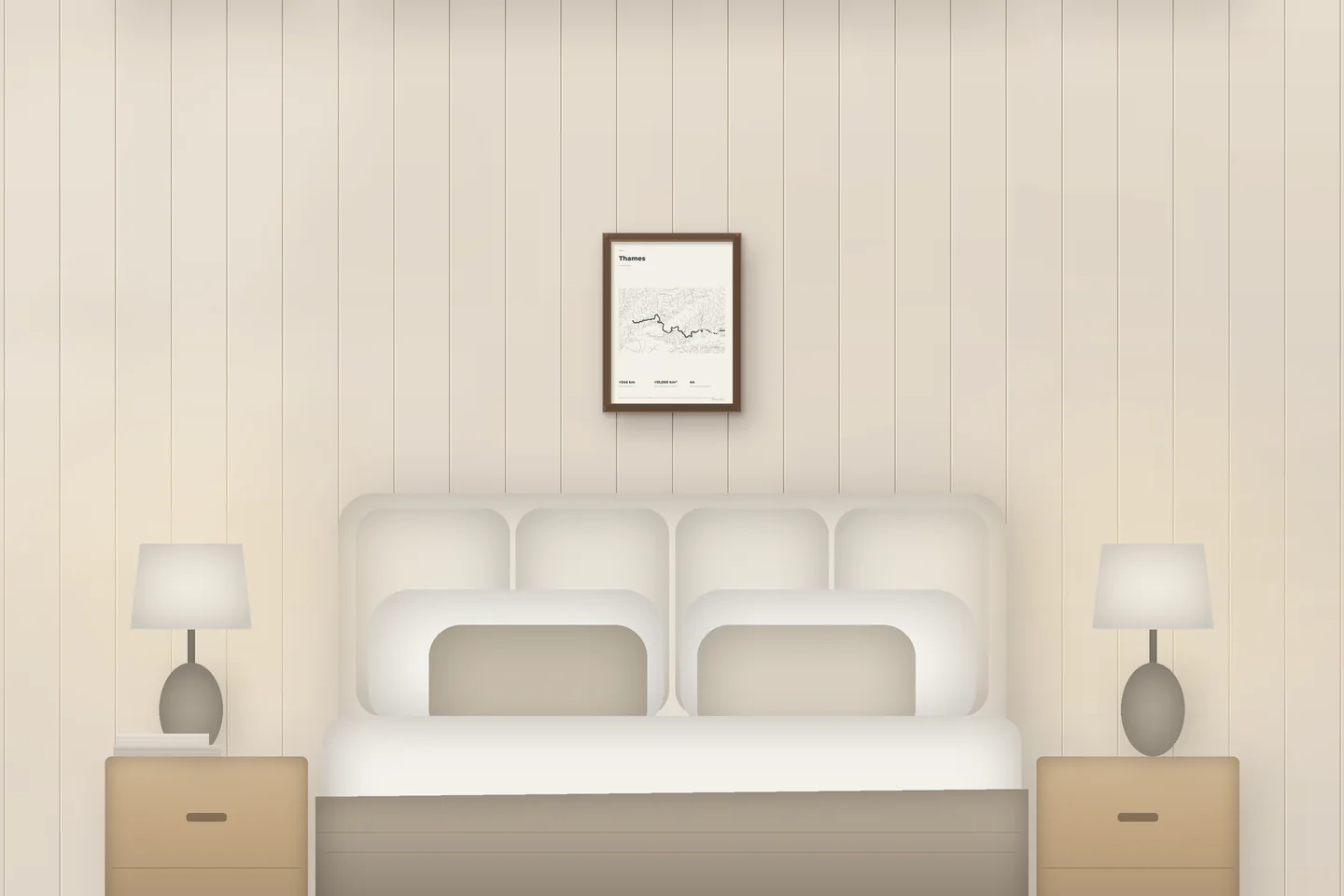 Thames (12 × 16 in · Walnut oak · Ivory & Graphite) above a bed in a chalet bedroom — illustrative digital preview, not a photo