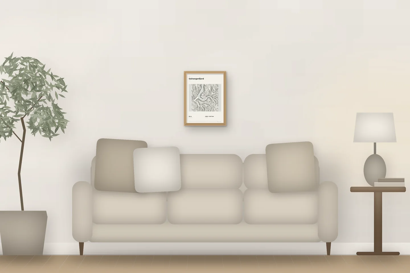 Geirangerfjord (12 × 16 in · Natural oak · Ivory & Graphite) above a living-room sofa — illustrative digital preview, not a photo