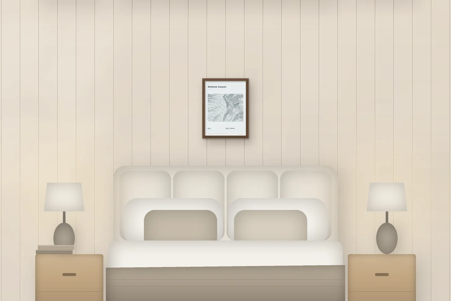 Waimea Canyon (12 × 16 in · Walnut oak · Mist & Pewter) above a bed in a chalet bedroom — illustrative digital preview, not a photo