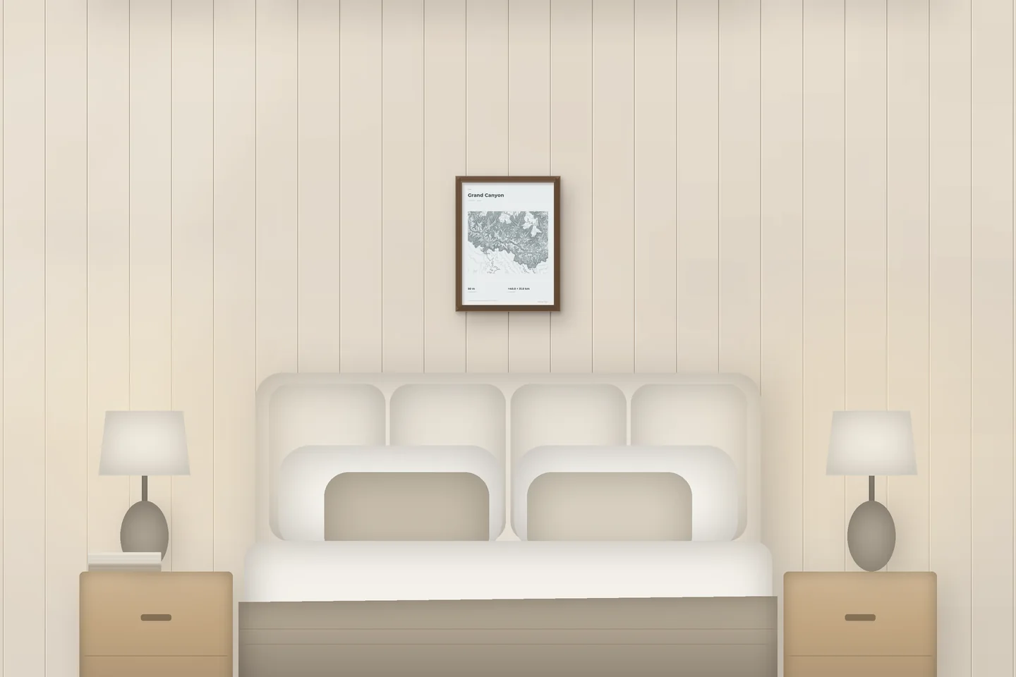 Grand Canyon (12 × 16 in · Walnut oak · Mist & Pewter) above a bed in a chalet bedroom — illustrative digital preview, not a photo