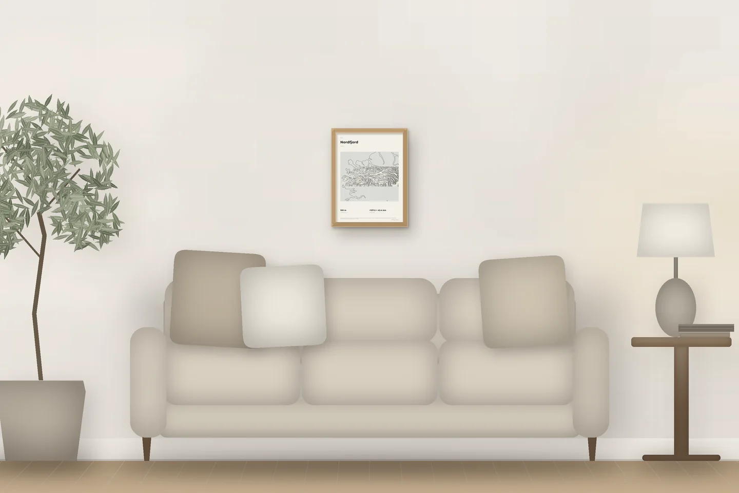 Nordfjord (12 × 16 in · Natural oak · Ivory & Graphite) above a living-room sofa — illustrative digital preview, not a photo