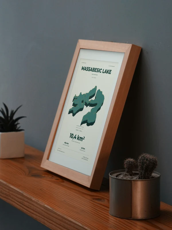 The Massabesic Lake artwork digitally placed in a frame on a shelf beside plants. Framing and proportions are illustrative.