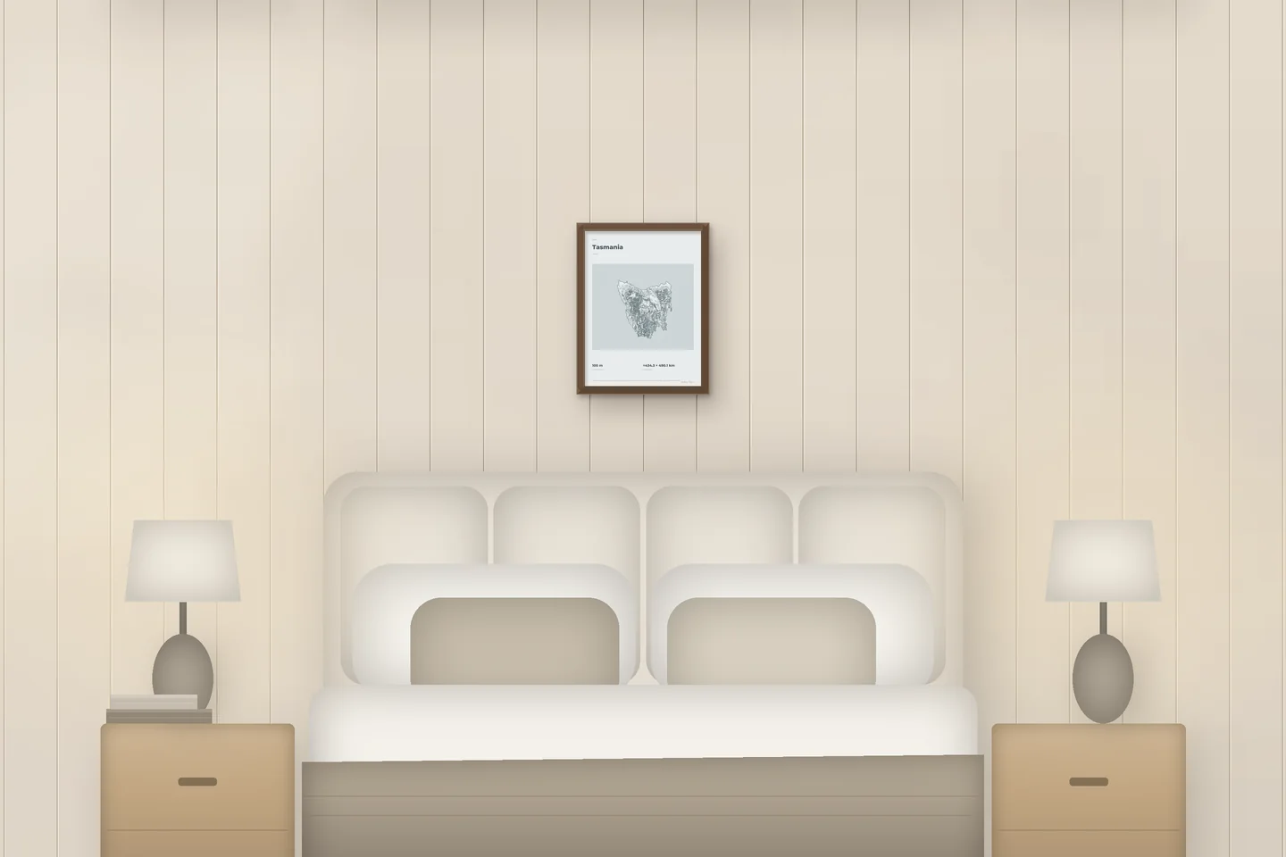 Tasmania (12 × 16 in · Walnut oak · Mist & Pewter) above a bed in a chalet bedroom — illustrative digital preview, not a photo