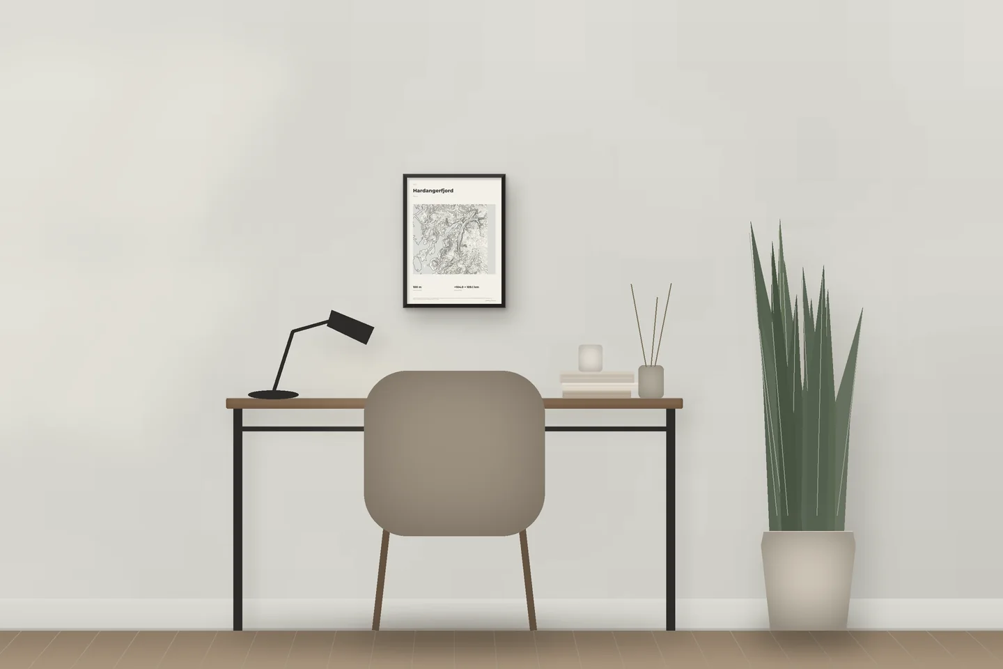 Hardangerfjord (12 × 16 in · Black metal · Ivory & Graphite) above a desk in a home office — illustrative digital preview, not a photo