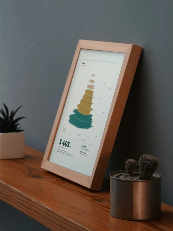The Mount Etna artwork digitally placed in a frame on a shelf beside plants. Framing and proportions are illustrative.