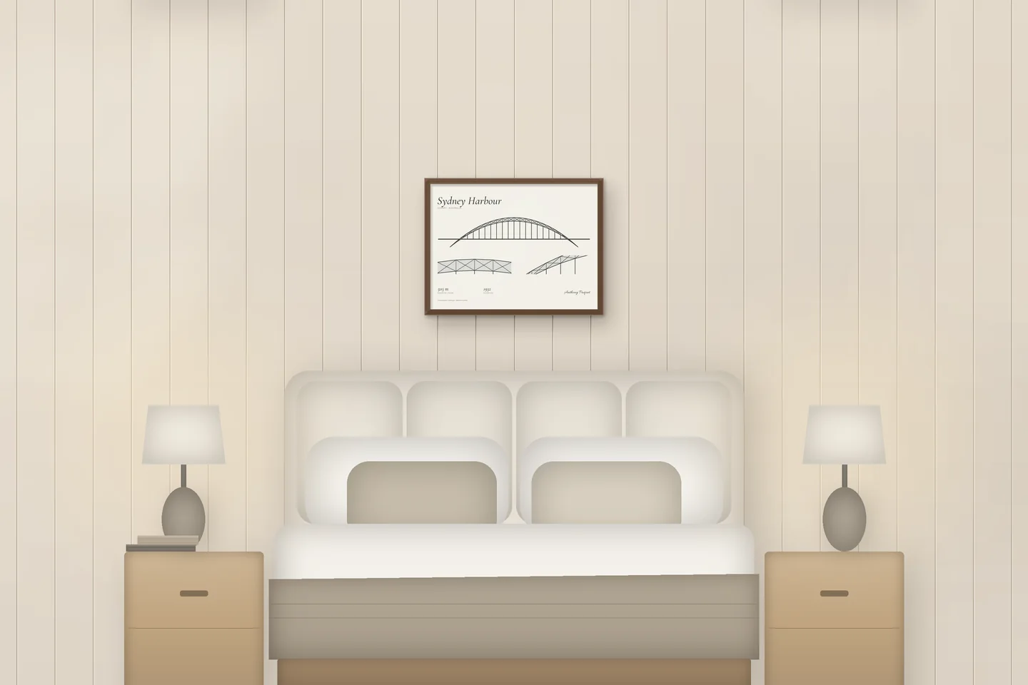 Sydney Harbour (24 × 18 in · Walnut oak · Ivory & Graphite) above a bed in a chalet bedroom — illustrative digital preview, not a photo