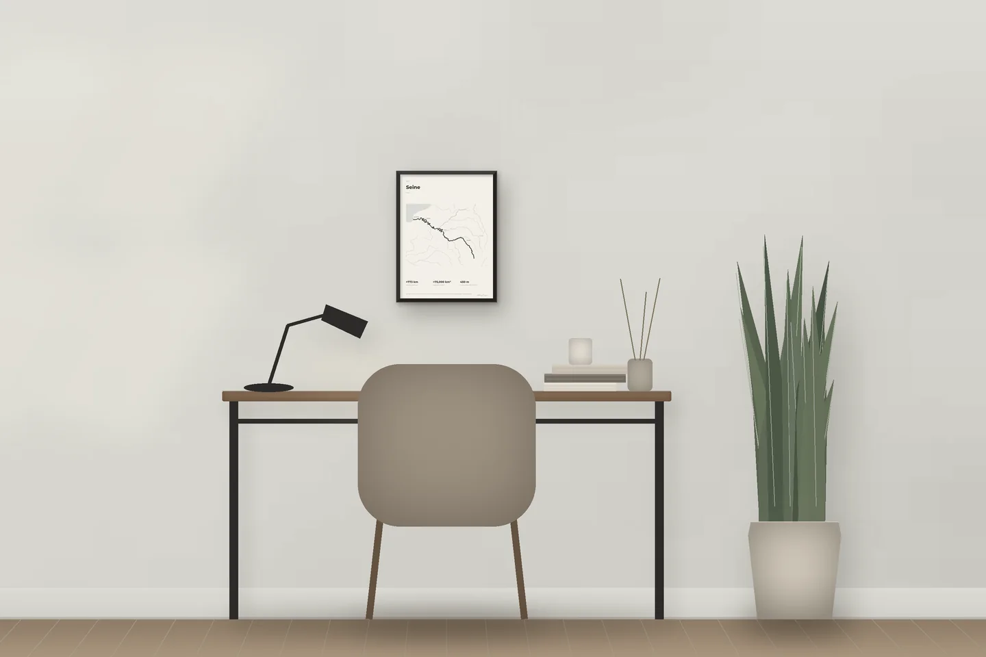 Seine (12 × 16 in · Black metal · Ivory & Graphite) above a desk in a home office — illustrative digital preview, not a photo