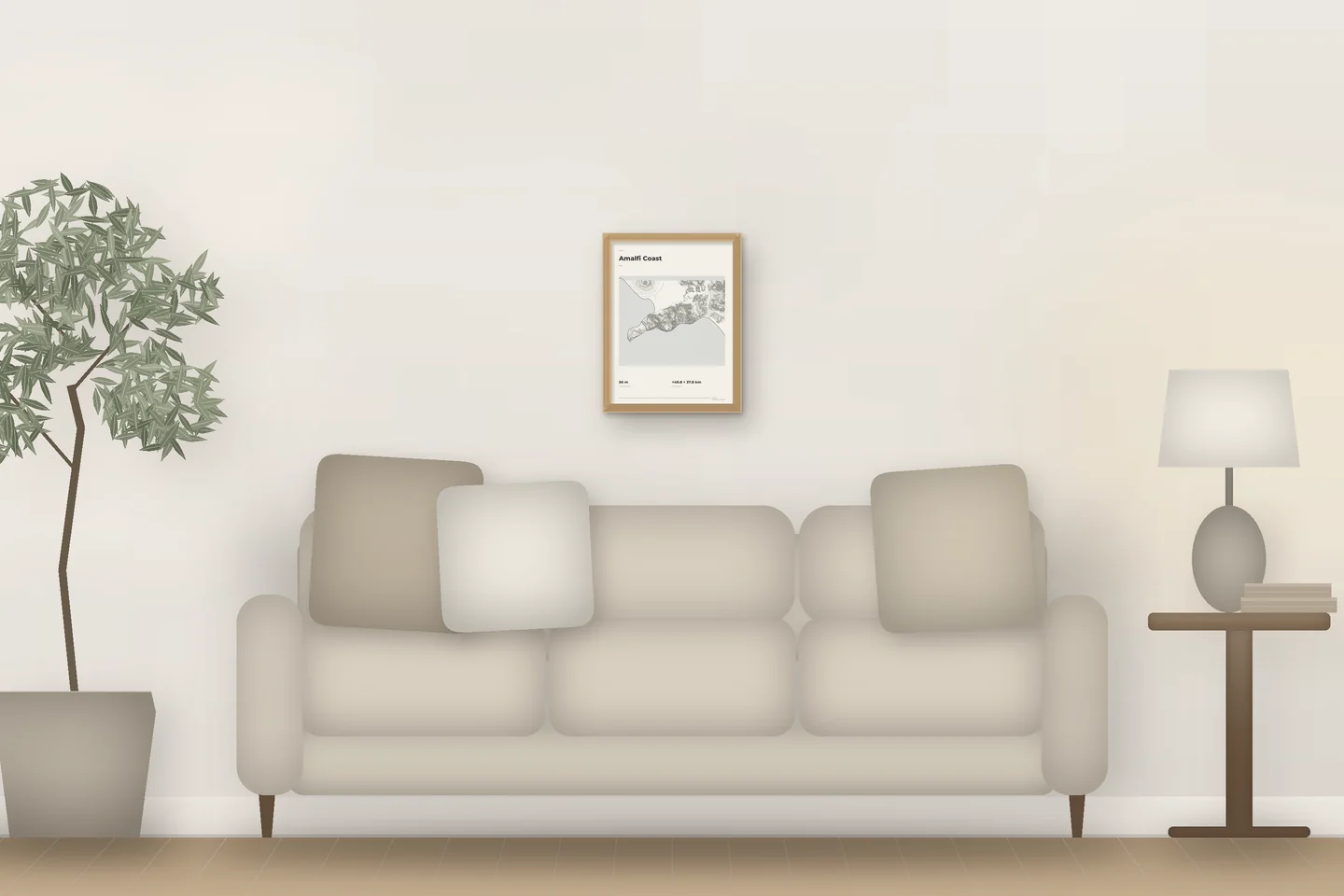 Amalfi Coast (12 × 16 in · Natural oak · Ivory & Graphite) above a living-room sofa — illustrative digital preview, not a photo
