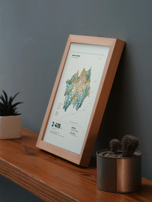 The Mount Olympus artwork digitally placed in a frame on a shelf beside plants. Framing and proportions are illustrative.